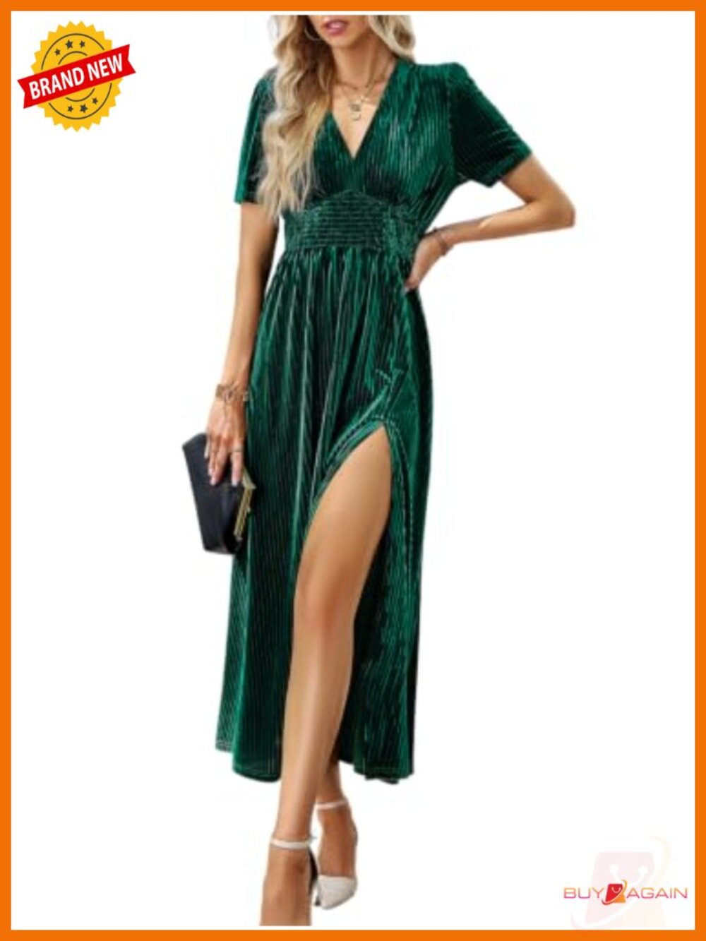 Velvet Maxi Dress Smocked Waist V-Neck Short Sleeve Formal